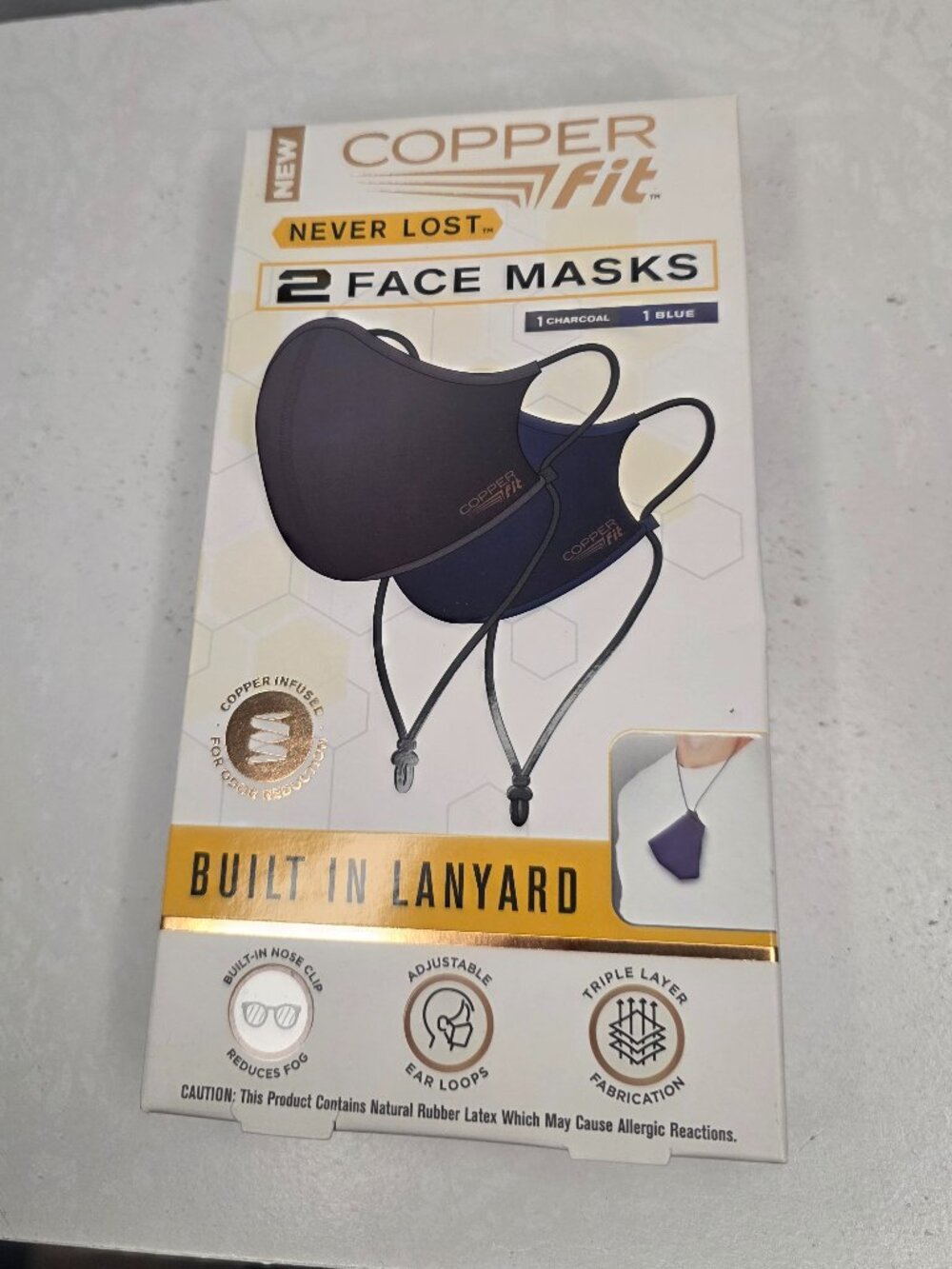 Copper Fit Never Lost Box of Two Face Masks One Size NIB